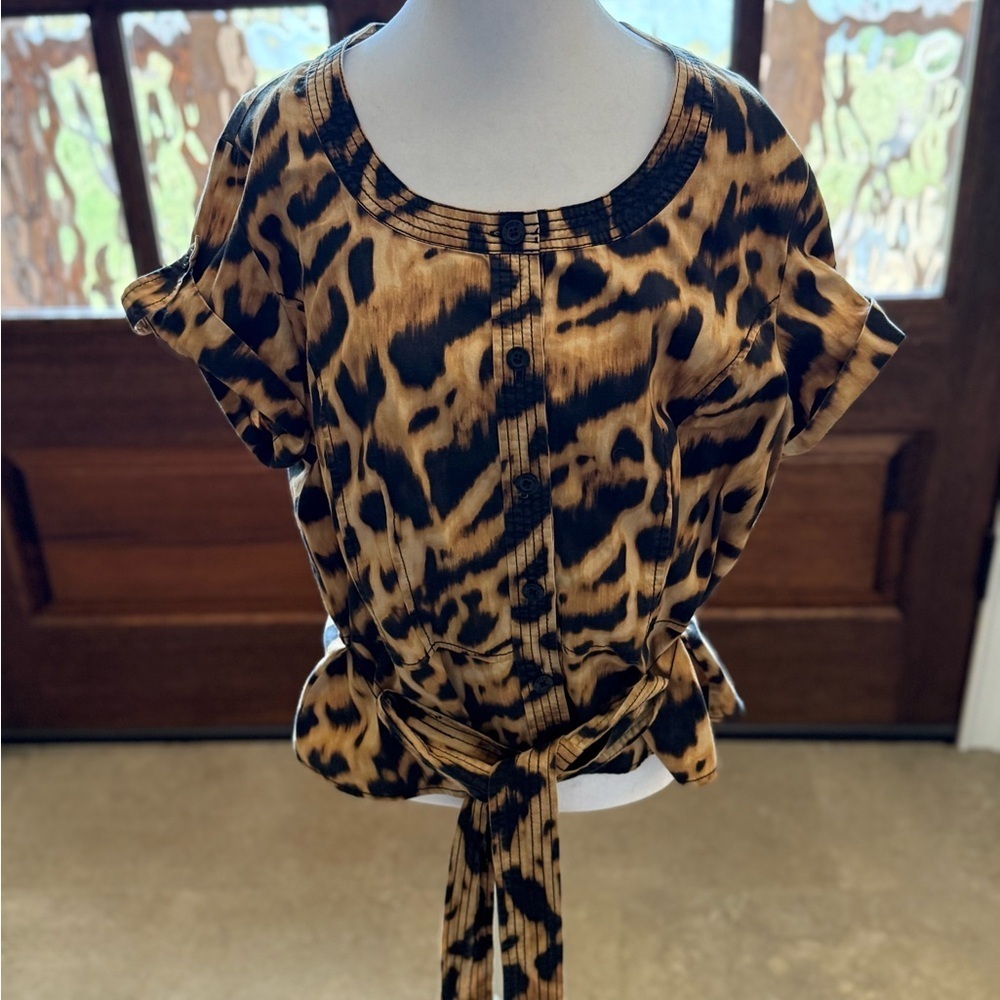 Jones New York Cheetah Womens XL Short Sleeve blouse Belt Chic Elegant Feminine - Picture 4 of 9